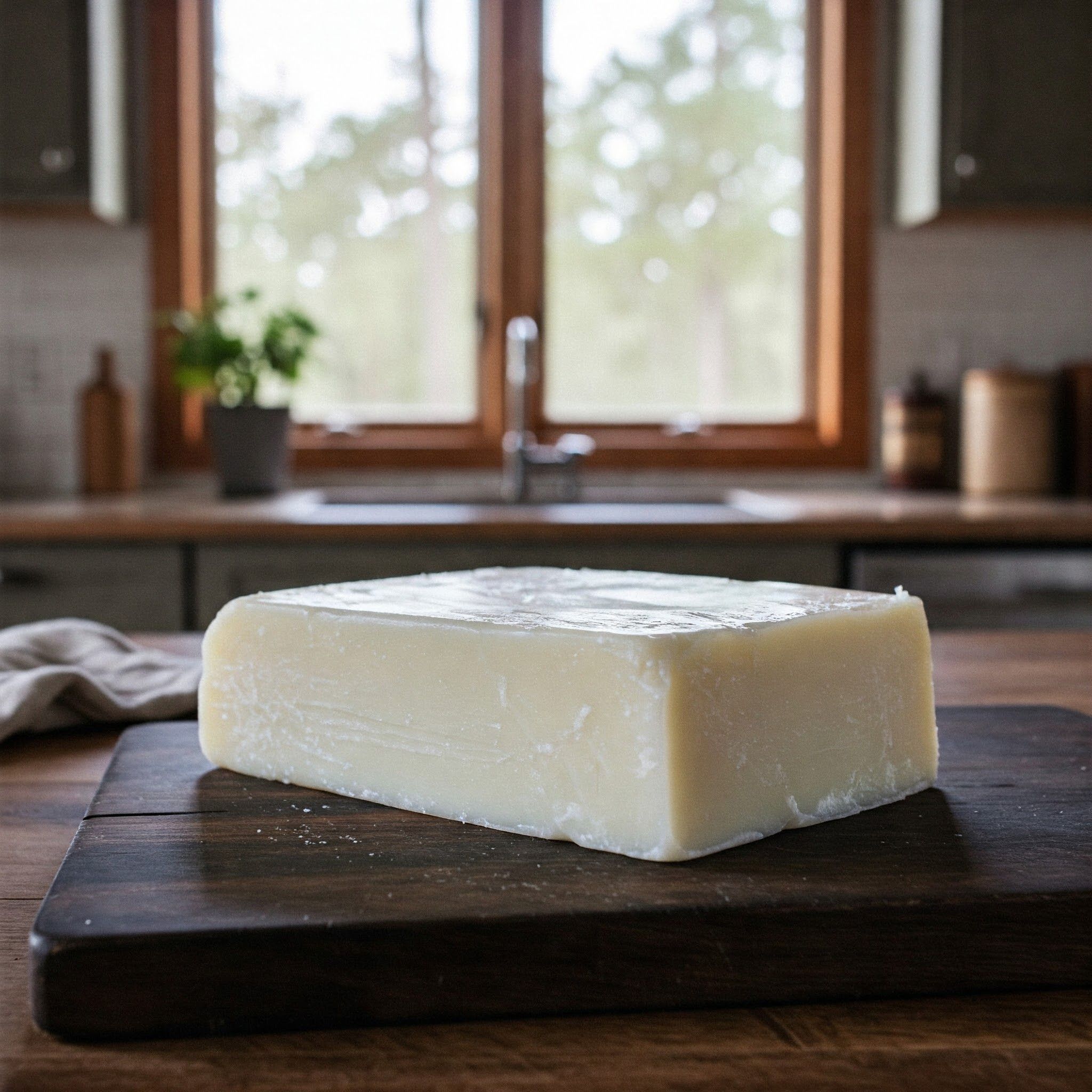 block of white rendered tallow on a wooden cutting board in a kitchen