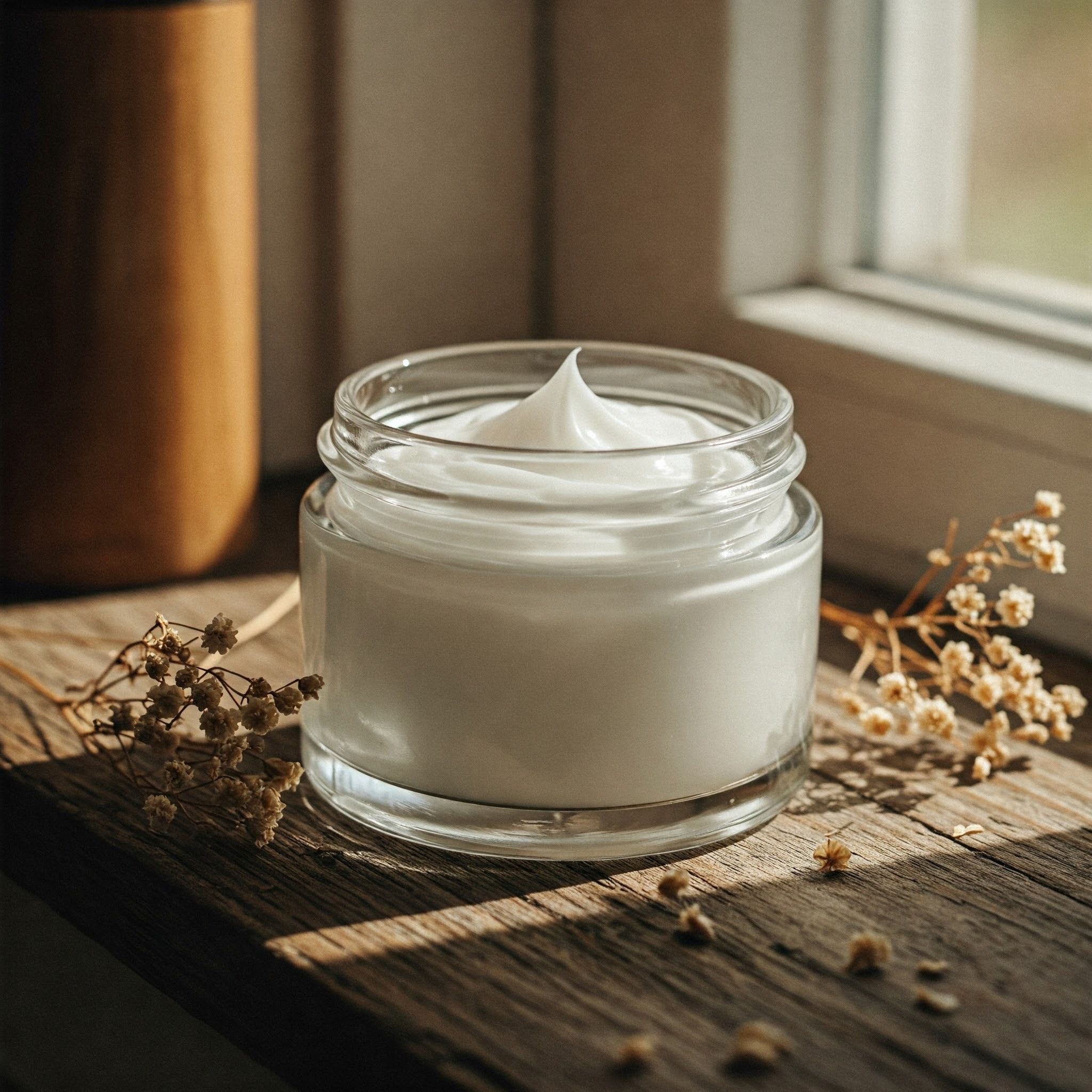 jar of tallow cream on a wooden surface with dried botanicals around