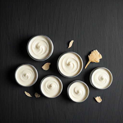 six jars of tallow on dark background