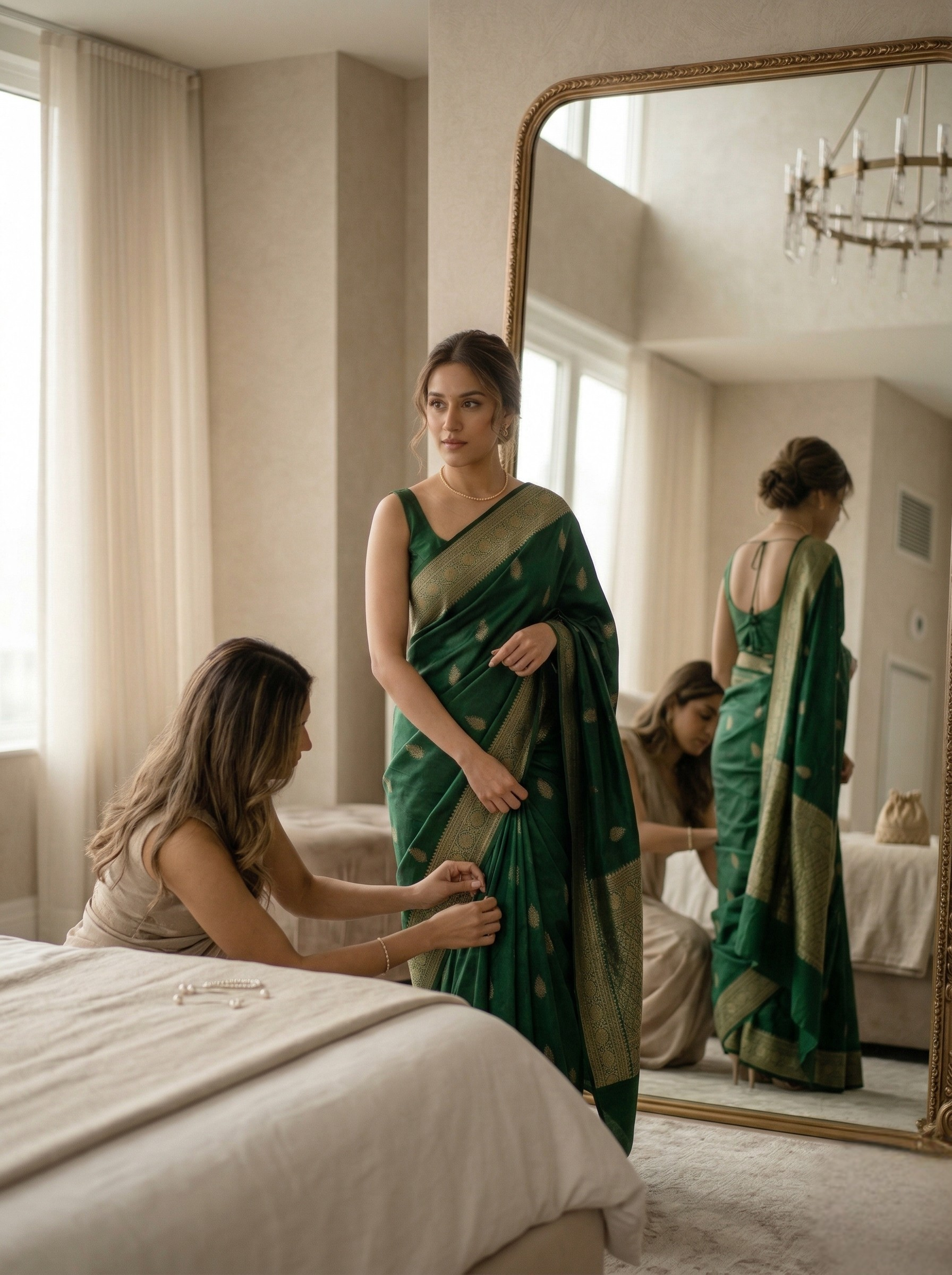 Woman adjusting a traditional saree before an event