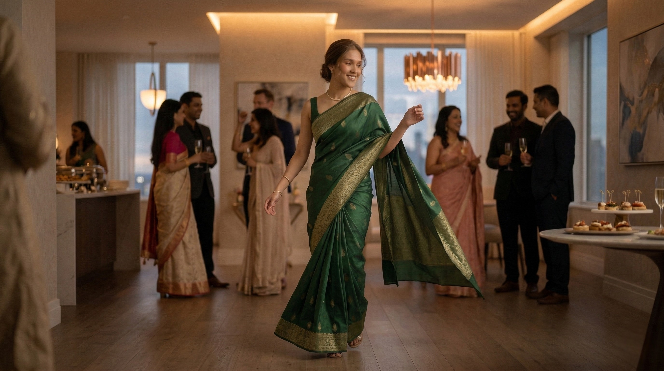 Woman moving beautifully in a luxury pre-draped saree at a celebration