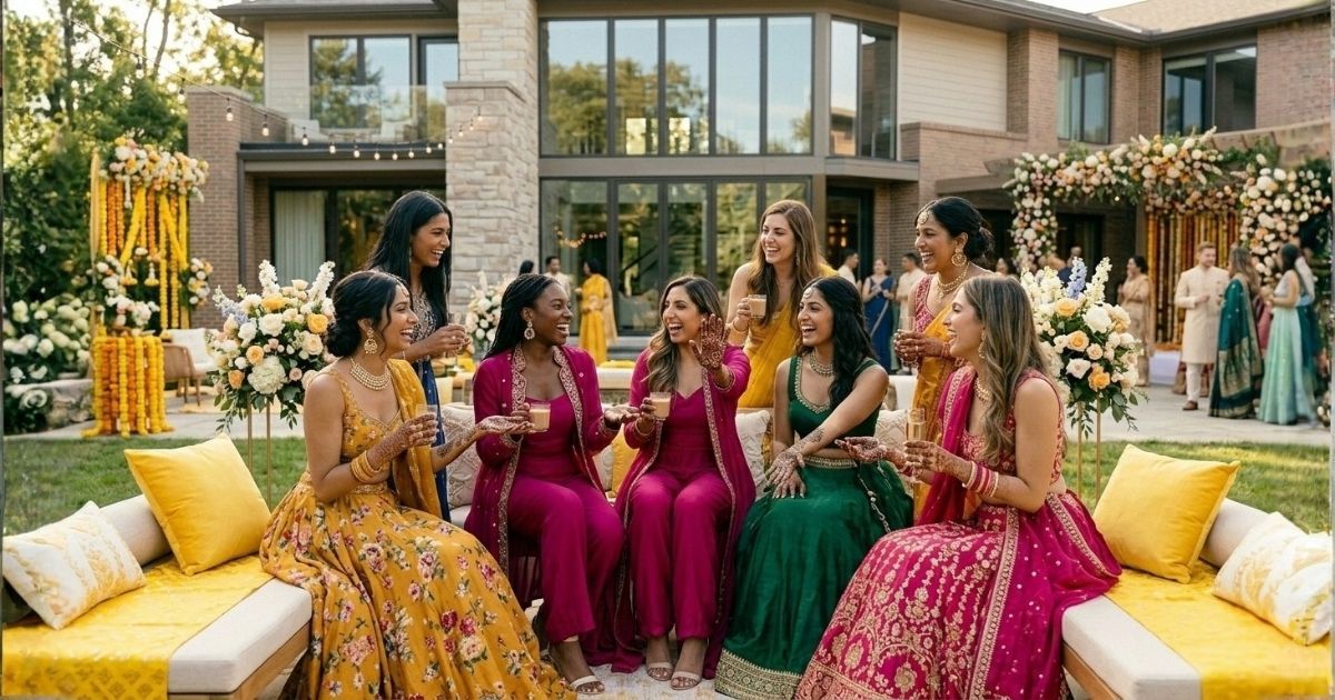 Indian wedding guest wearing a colorful saree at a wedding celebration in the USA