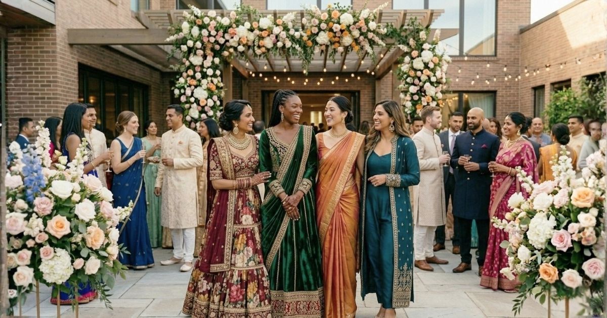 Guest wearing a ready-to-wear saree at an Indian wedding in the USA
