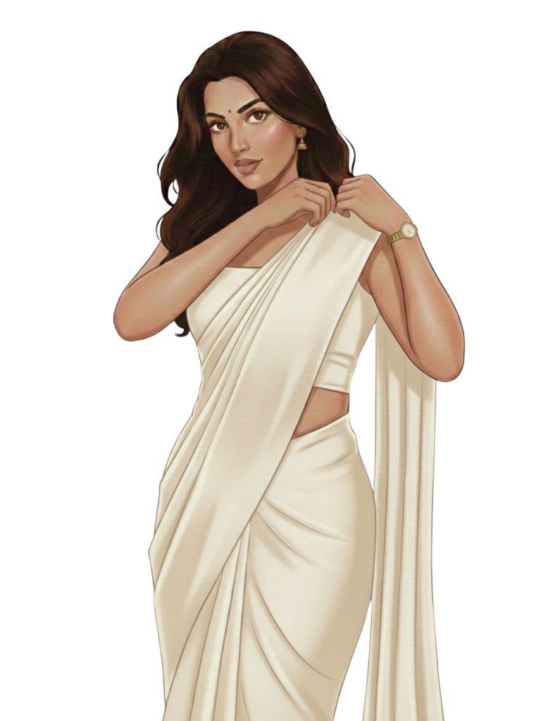 Woman styling the pallu of her ready-to-wear saree