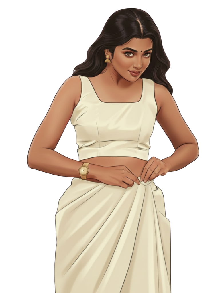 Woman securing her pre-stitched saree easily