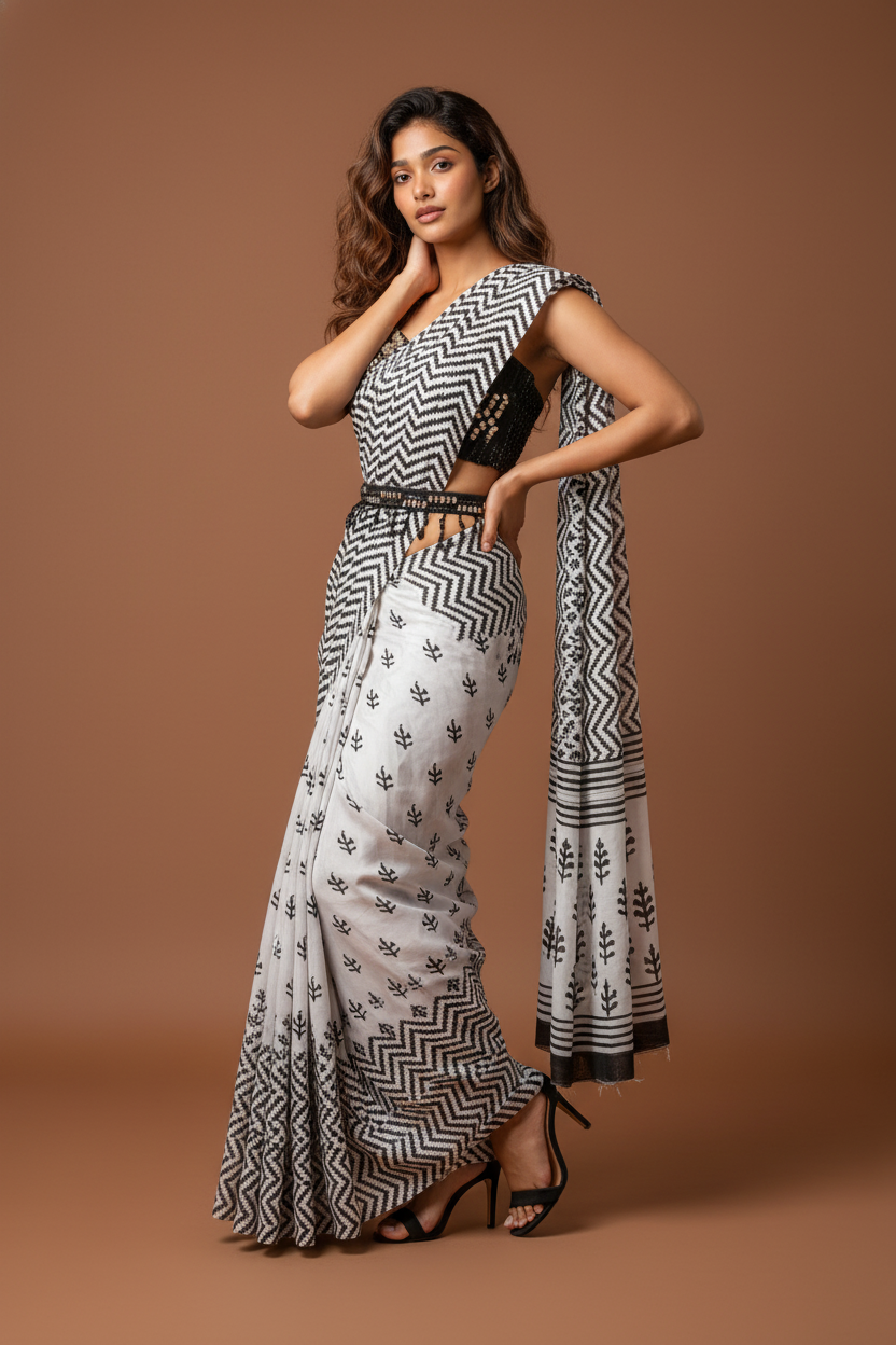 Modern saree styling with a clean editorial fashion look