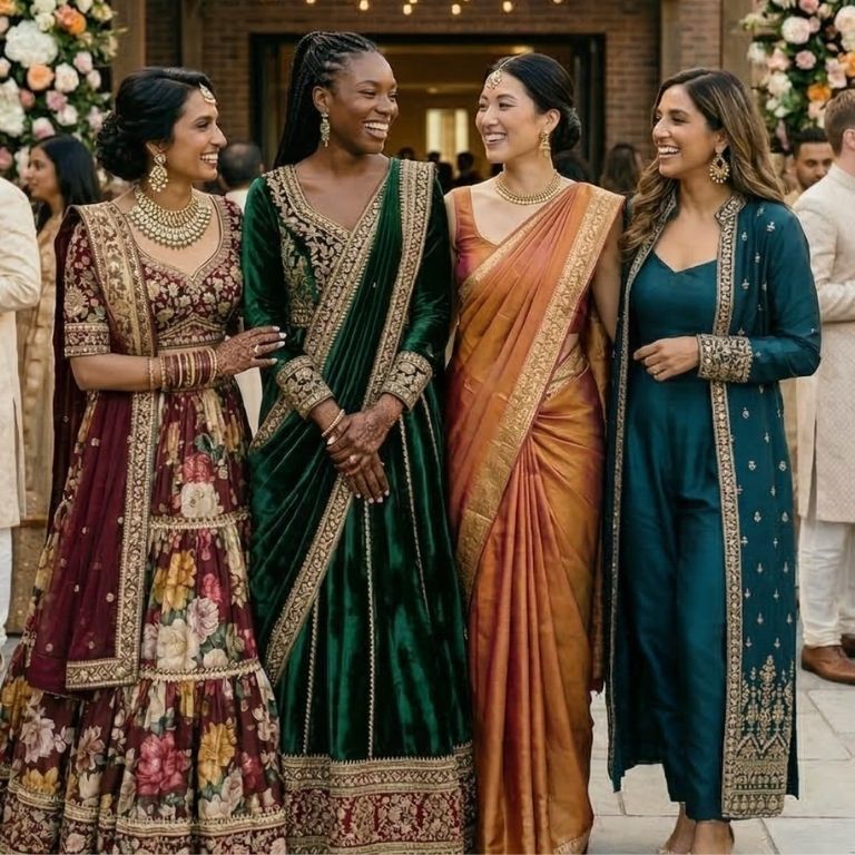 Luxury Indian wedding guest wearing an elegant saree