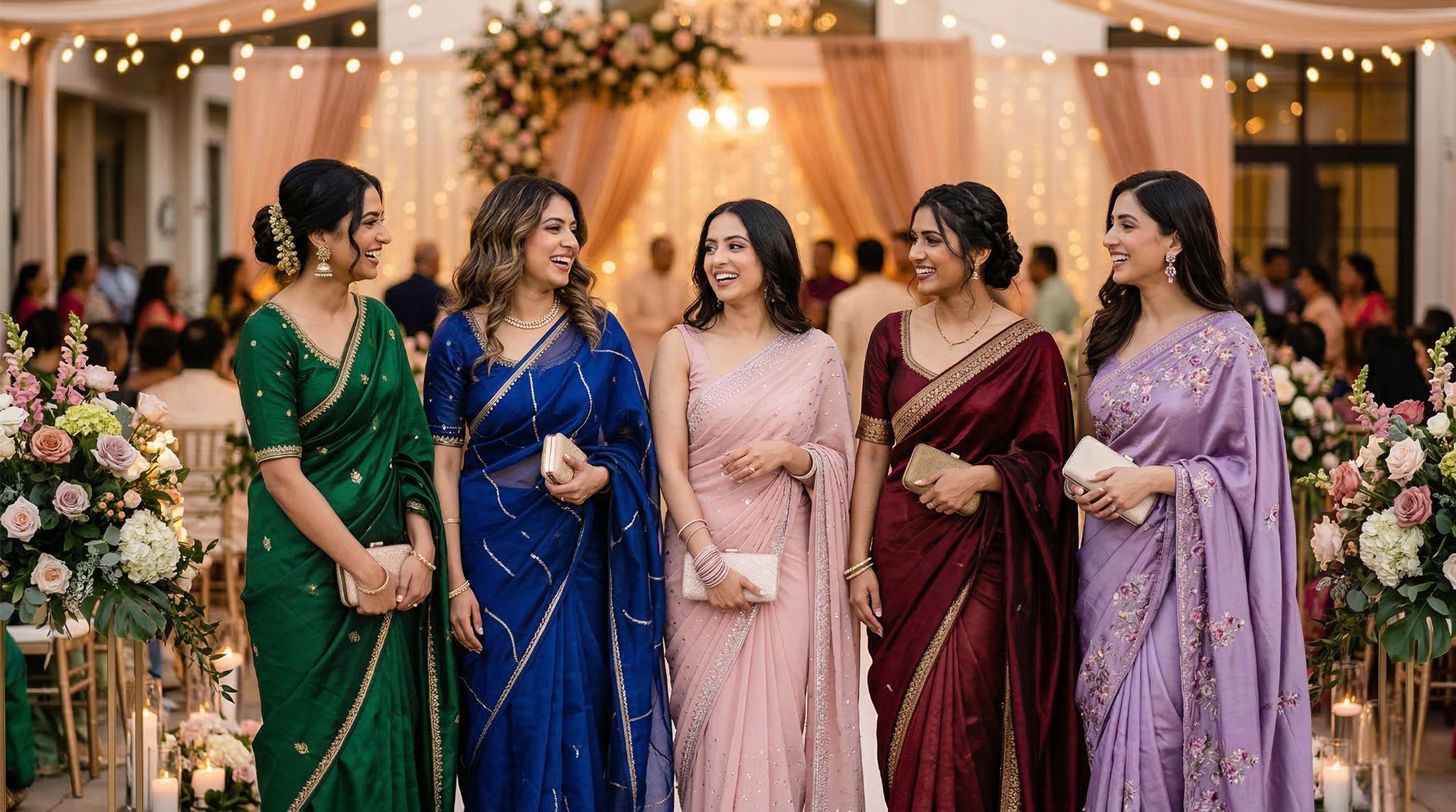 Best saree colors for Indian wedding guests – emerald green, royal blue, pink, maroon and lavender sarees