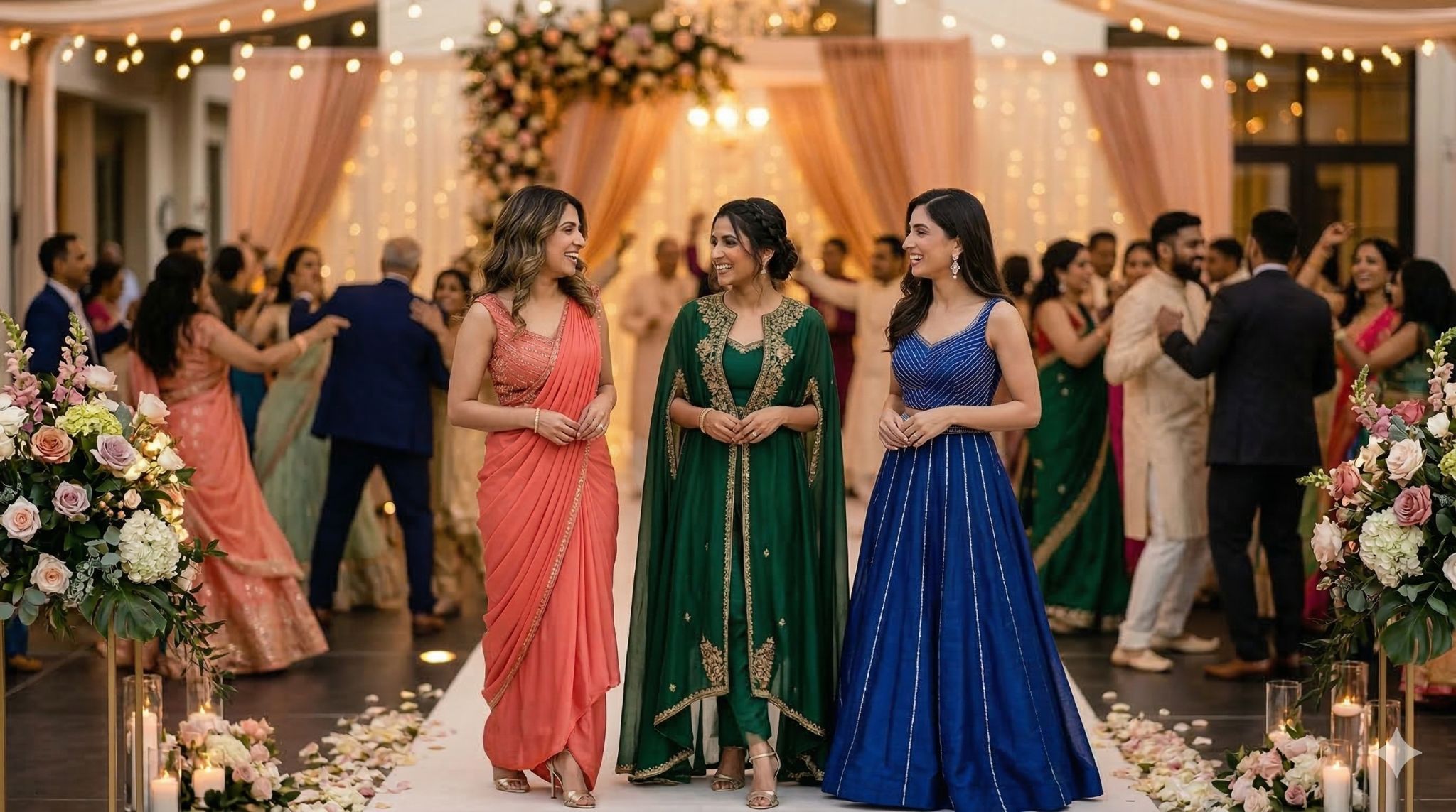 Wedding guest wearing a festive saree at a sangeet celebration in the USA