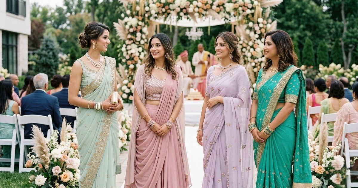 Guest wearing an elegant outfit to an Indian wedding ceremony in the USA