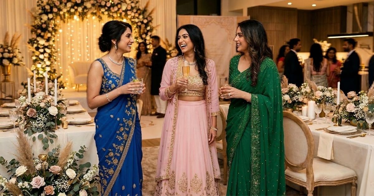 Guest wearing a polished festive outfit to an Indian engagement party in the USA