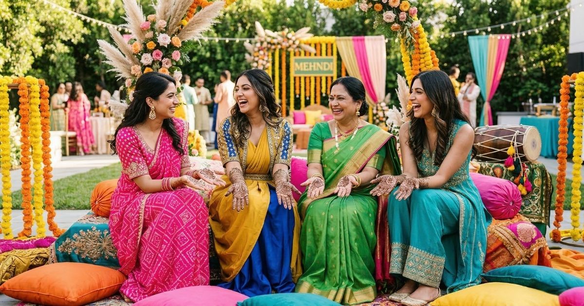 Guest wearing a colorful festive outfit to a mehndi celebration in the USA