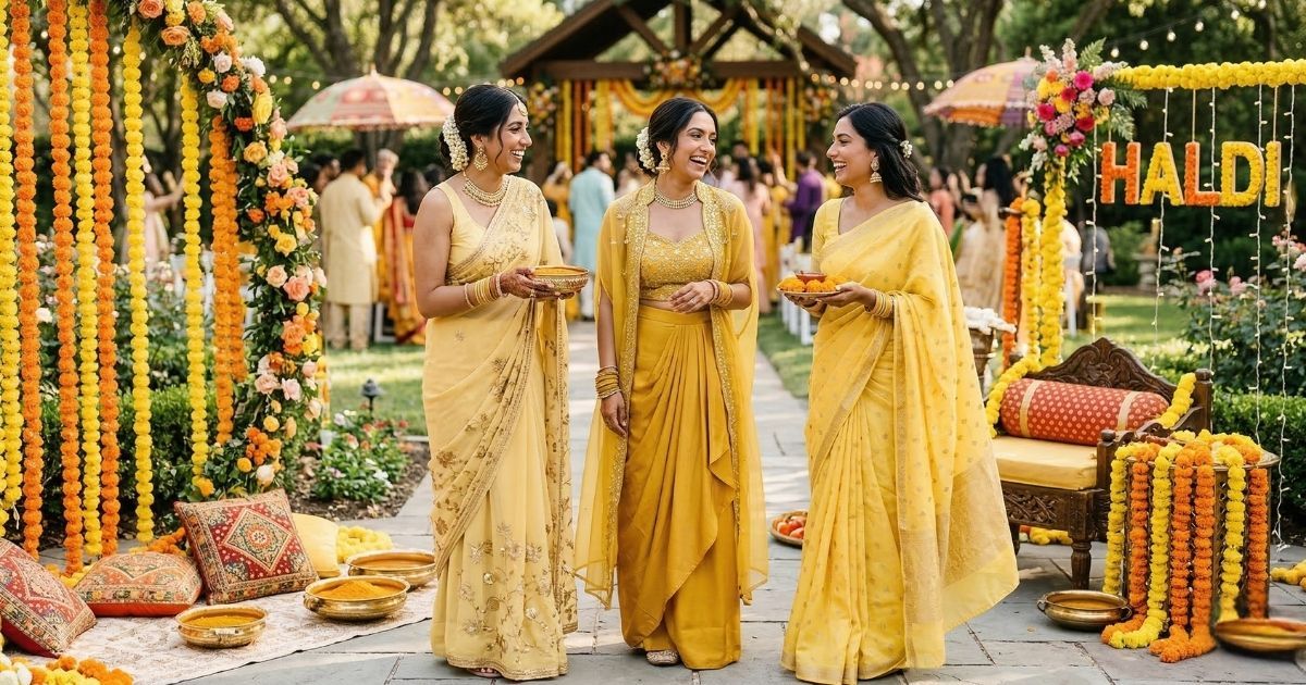 Guest wearing a bright festive outfit to a haldi ceremony in the USA