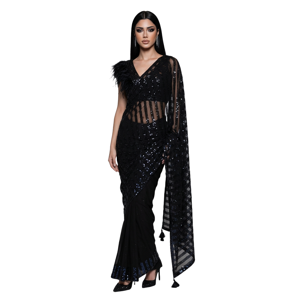 Woman wearing a ready-to-wear Swift Saree in a luxury editorial setting