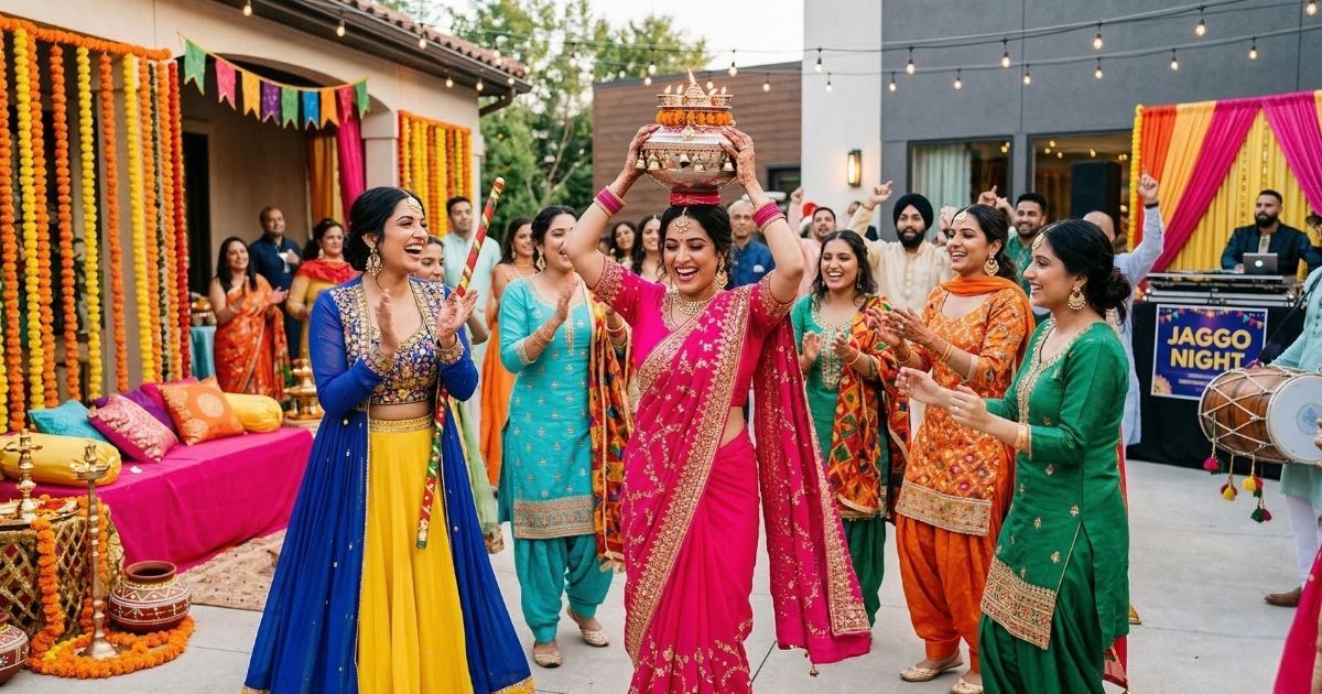 Guest wearing a colorful festive outfit to a Jaggo celebration in the USA