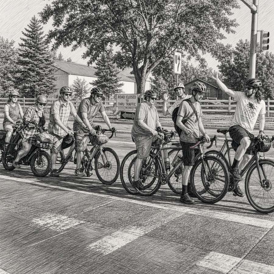 Recycled Cycles team on a group bike ride stopped at an intersection
