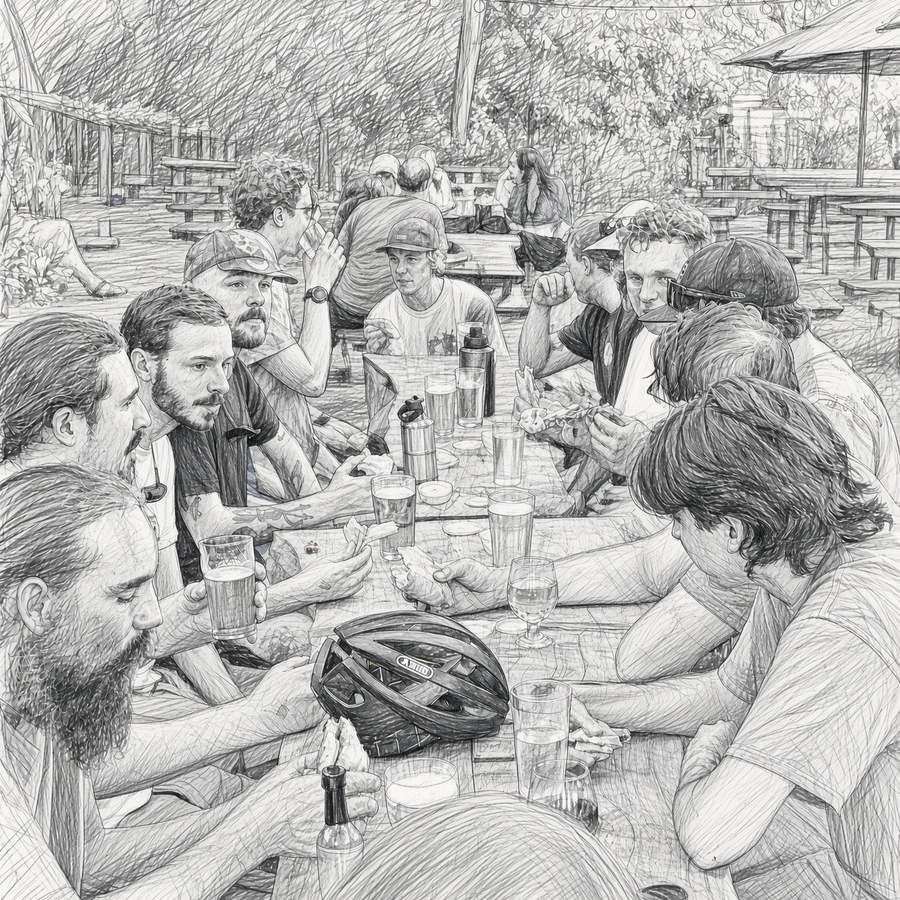 Recycled Cycles crew hanging out together at a patio table after a ride