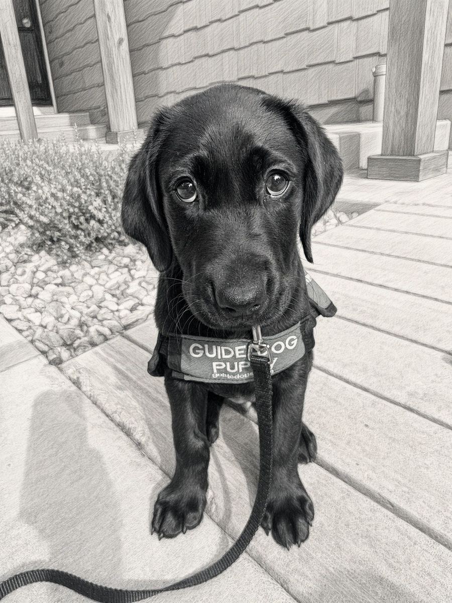Jacinda, Jeanne's Guide Dogs for the Blind puppy-in-training, in the shop