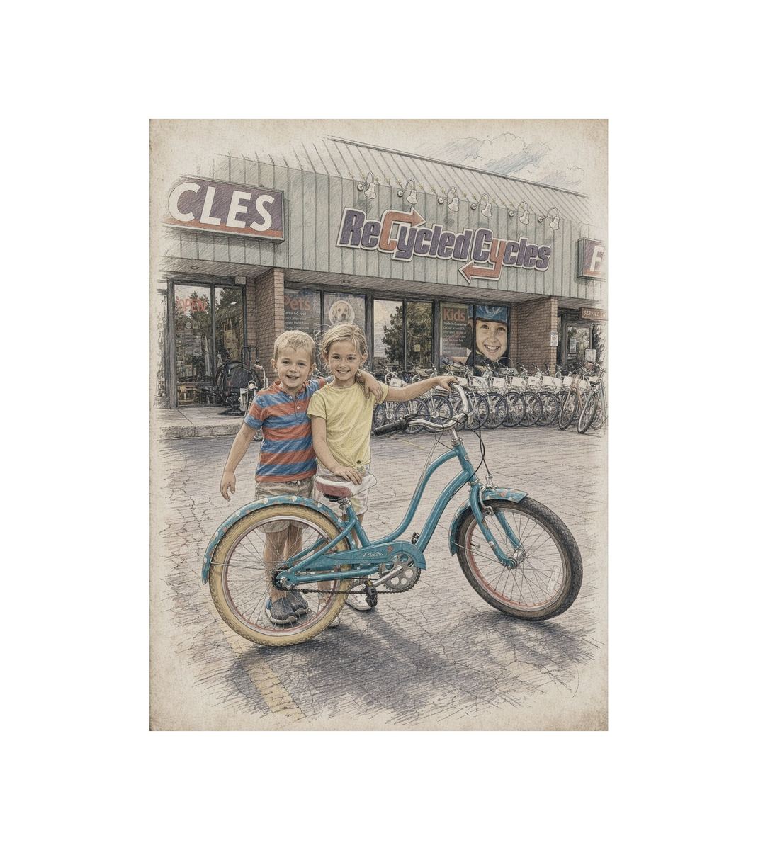 Kids with a new bike outside Recycled Cycles