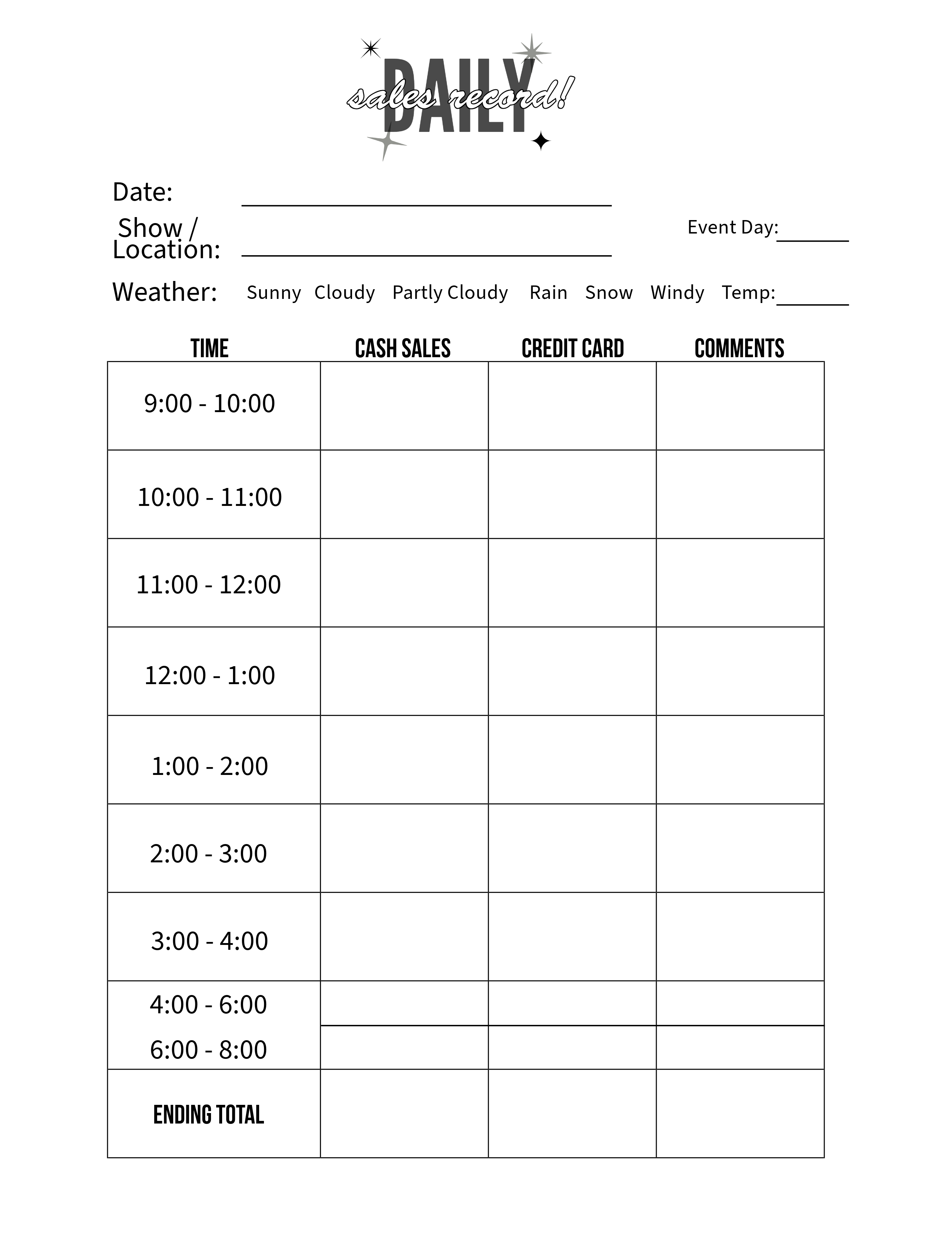 Daily Sales Tracking Sheet for Vendors
