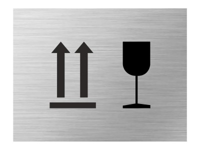 Versandschablone aus Aluminium mit Versandzeichen Hier oben und Zerbrechlich