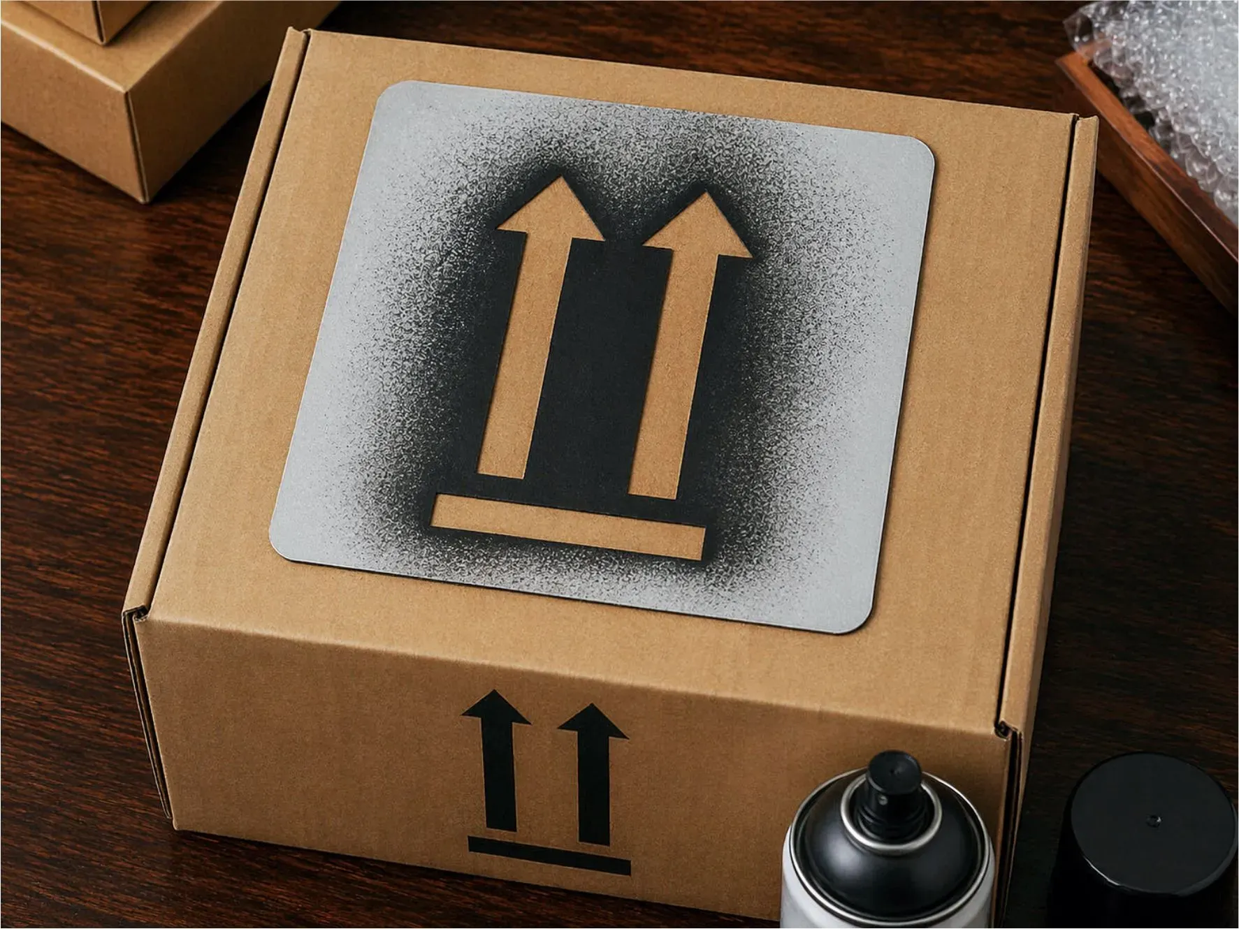 Versandschablone aus Aluminium mit Symbol Hier oben für professionelle Verpackungskennzeichnung
