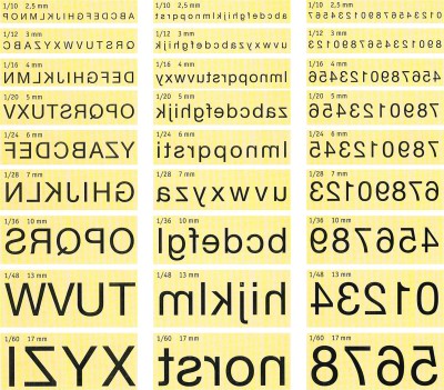 Komplettes Schriftmuster der TELOS Standardschrift Nr. 1 in Spiegelschrift