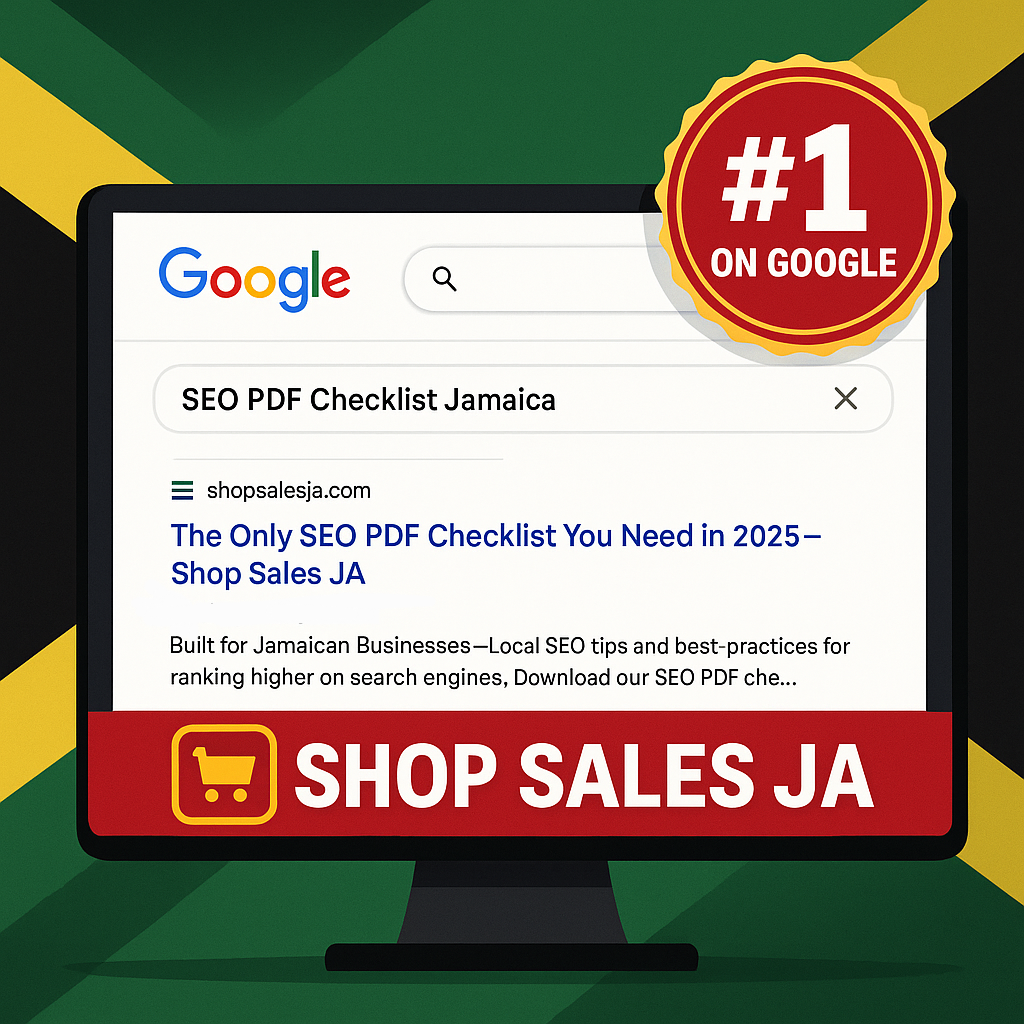 Shop Sales Ja appears as the #1 result for “SEO PDF Checklist Jamaica” on Google Search.