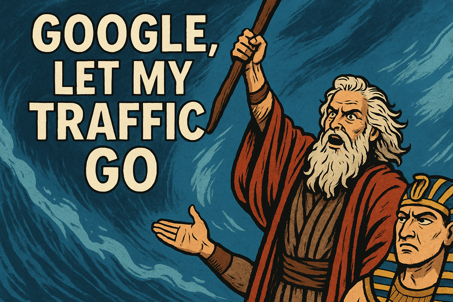 Modern Moses parts digital waves demanding, “Google, Let My Traffic Go” — symbolizing creators losing visibility to AI search.