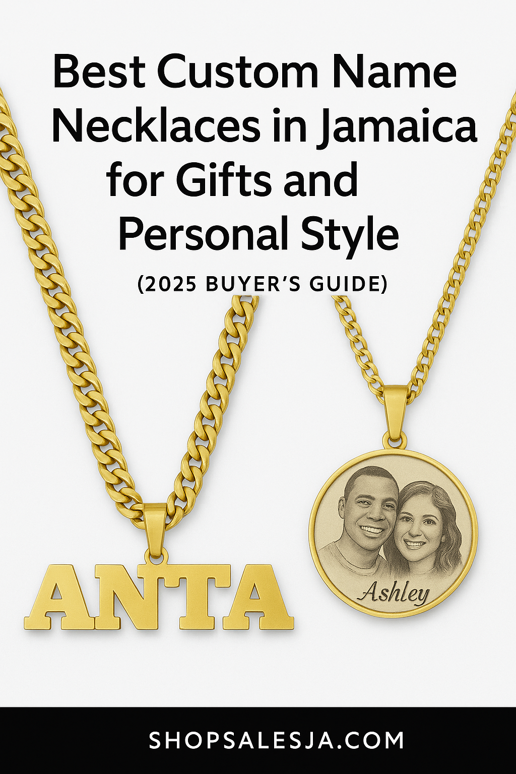 Two custom name necklaces with gold Cuban chains and personalized engraving, displayed in gift boxes for shoppers in Jamaica.