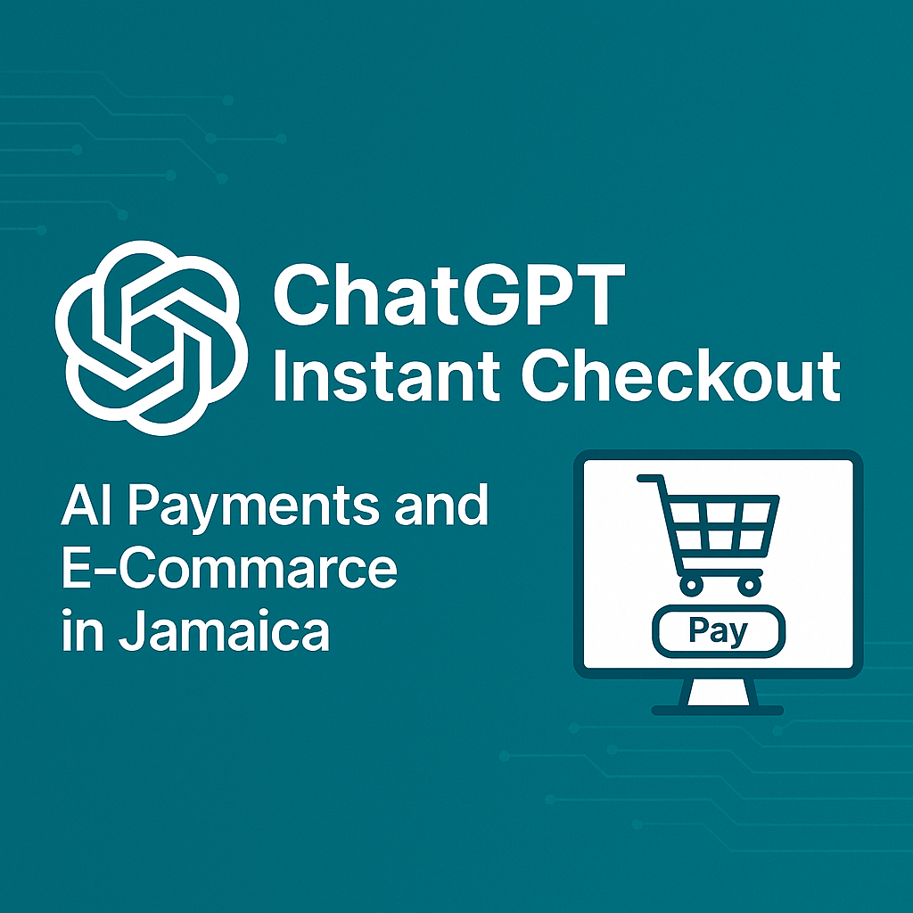 Feature image showing ChatGPT Instant Checkout with AI payments, shopping cart icon, and e-commerce theme for Jamaica 2025.