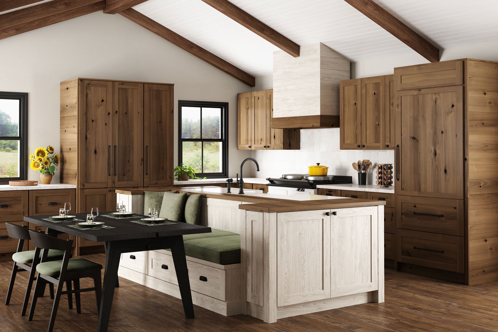 Woodland Cabinetry rustic Mission Patina White kitchen