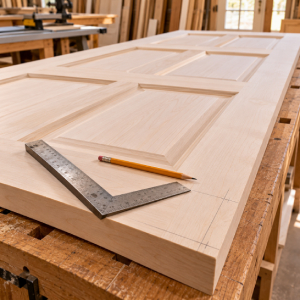 Custom door being made in a woodworking shop