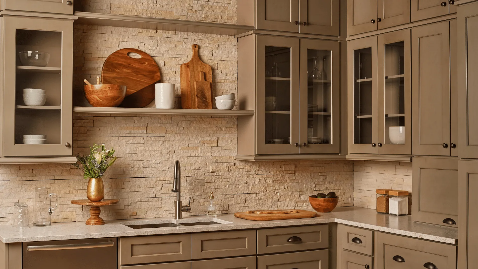 Stained stacked kitchen cabinets