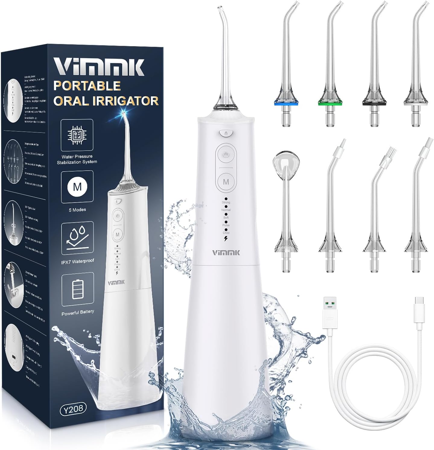 Profesionalni Waterpik zubni irigator, IPX7 vodootporni, rezervoar za vodu od 300 ml, USB-C punjivi uređaj za čišćenje zuba