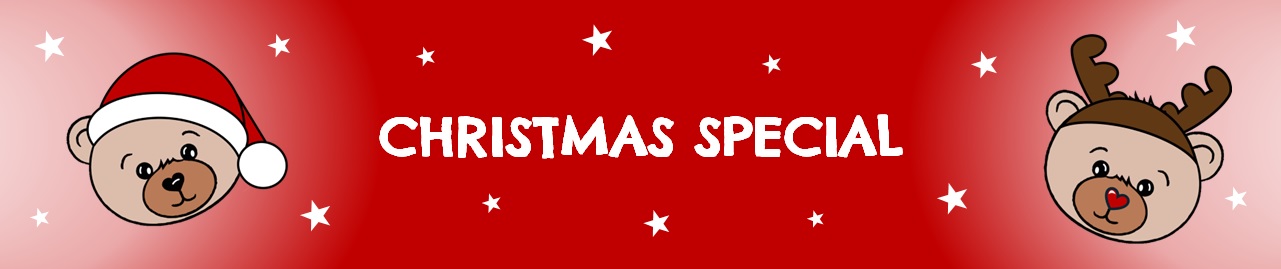 Christmas Special: Teddy bears dressed as Santa Claus and reindeer on a red background with stars.