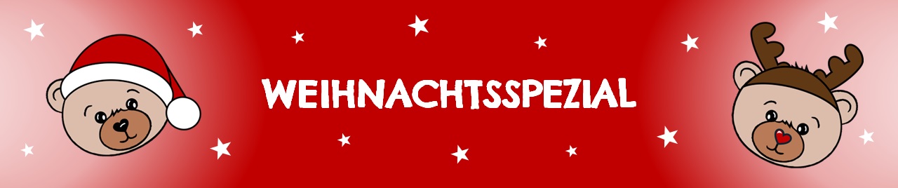 Weihnachtsspezial: Teddybären als Weihnachtsmann und Rentier auf rotem Hintergrund mit Sternen.