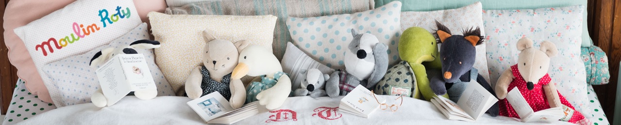 Banner Moulin Roty Kuscheltiere – französisches Spielzeug mit nostalgischem Design, weichen Stoffen und liebevollen Details.