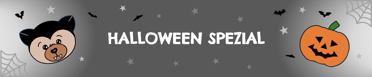 Halloween Spezial: Teddybär im Vampirkostüm, Jack-o-Lantern Kürbis, Fledermäuse, Sterne auf dunkelgrauem Grund