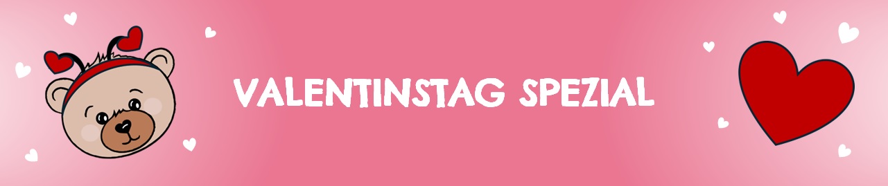 Valentinstag Spezial: Teddybär mit Herz-Haarreif, großem Herz & weißen Herzen auf rosarotem Hintergrund