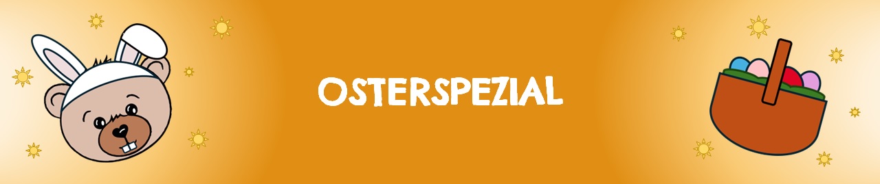 Osternspezial: Teddybär im Hasenkostüm & ein Korb mit Ostereiern, kleine Sonnen auf gelbem Grund