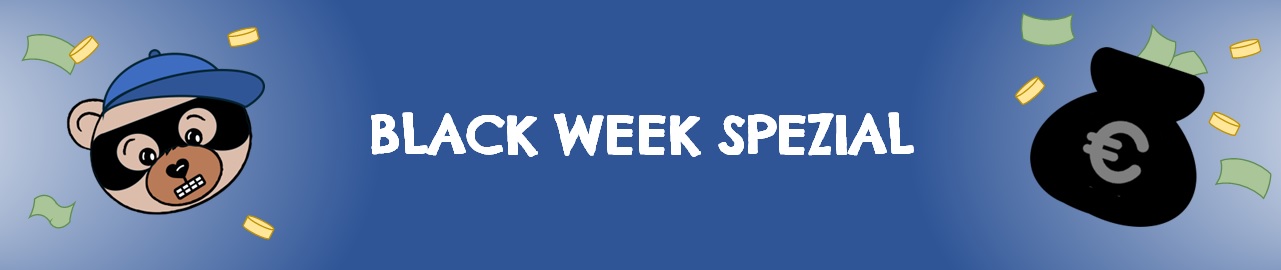 Black Week Spezial: Teddybär mit Kappe & Augenmaske, Geldsack, Geldscheinen & Münzen auf dunklem Hintergrund