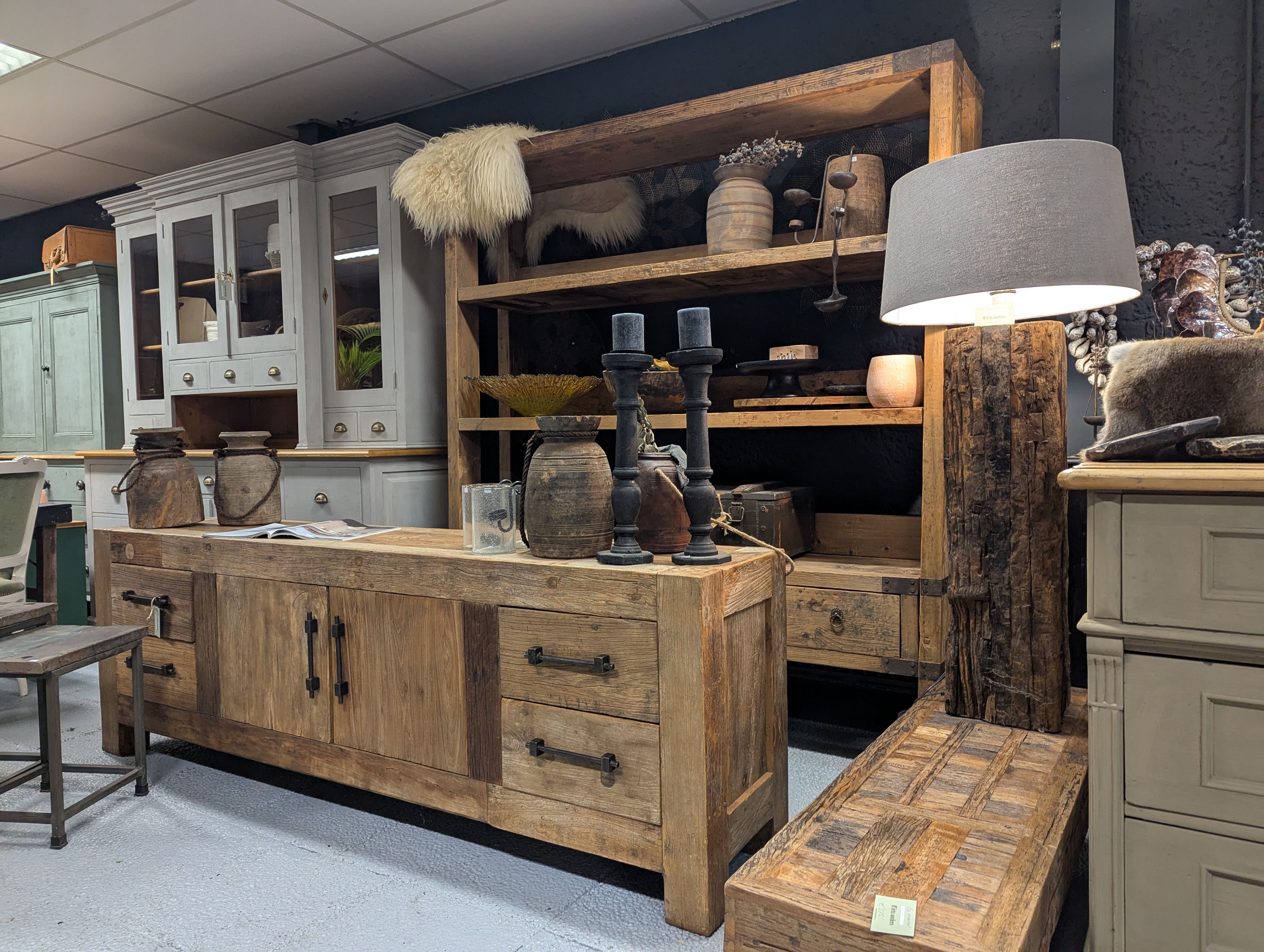 Olmhouten Meubelset – Complete Landelijke Set met Salontafel, Roomdivider en TV-Meubel