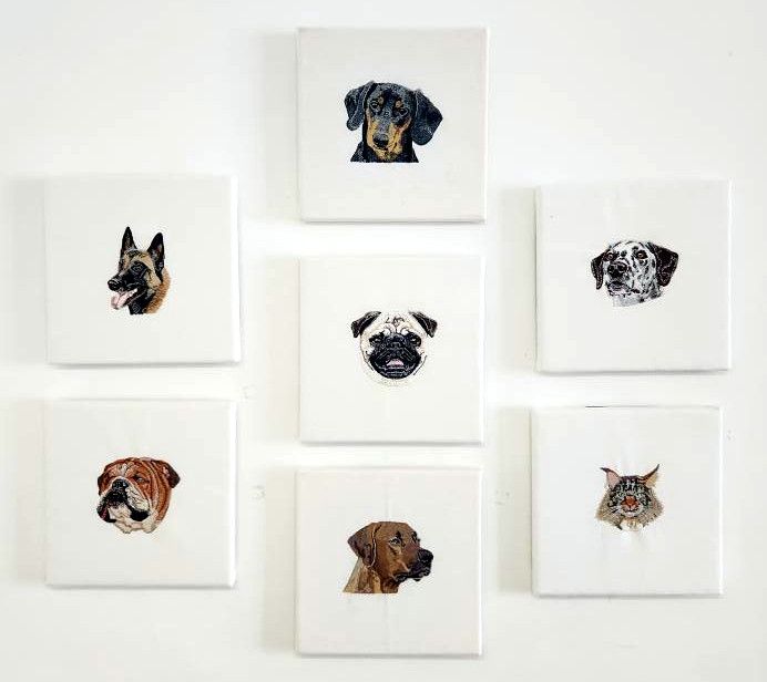A grid of seven square white canvases mounted on a wall, each featuring a different embroidered animal portrait, including various dog breeds (dachshund, pug, dalmatian, bulldog, etc.) and a cat.