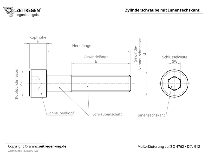 Zylinderschraube mit Innensechskant ISO 4762 - Erklärung der Maße