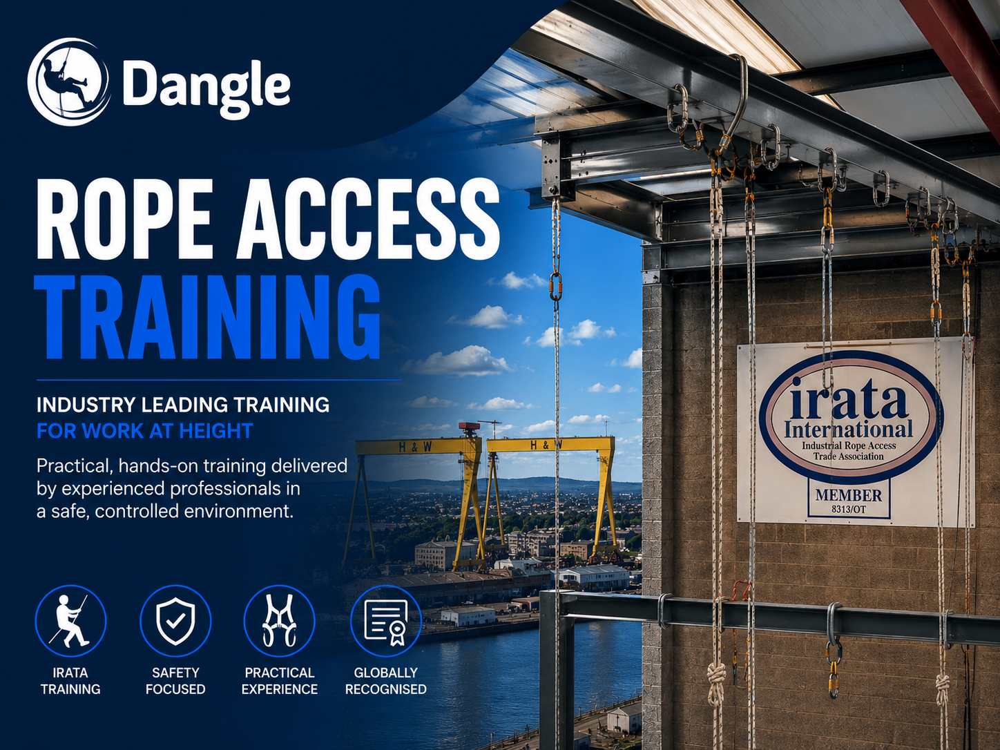 IRATA rope access training rig at Dangle Academy Belfast with Harland and Wolff cranes in the background