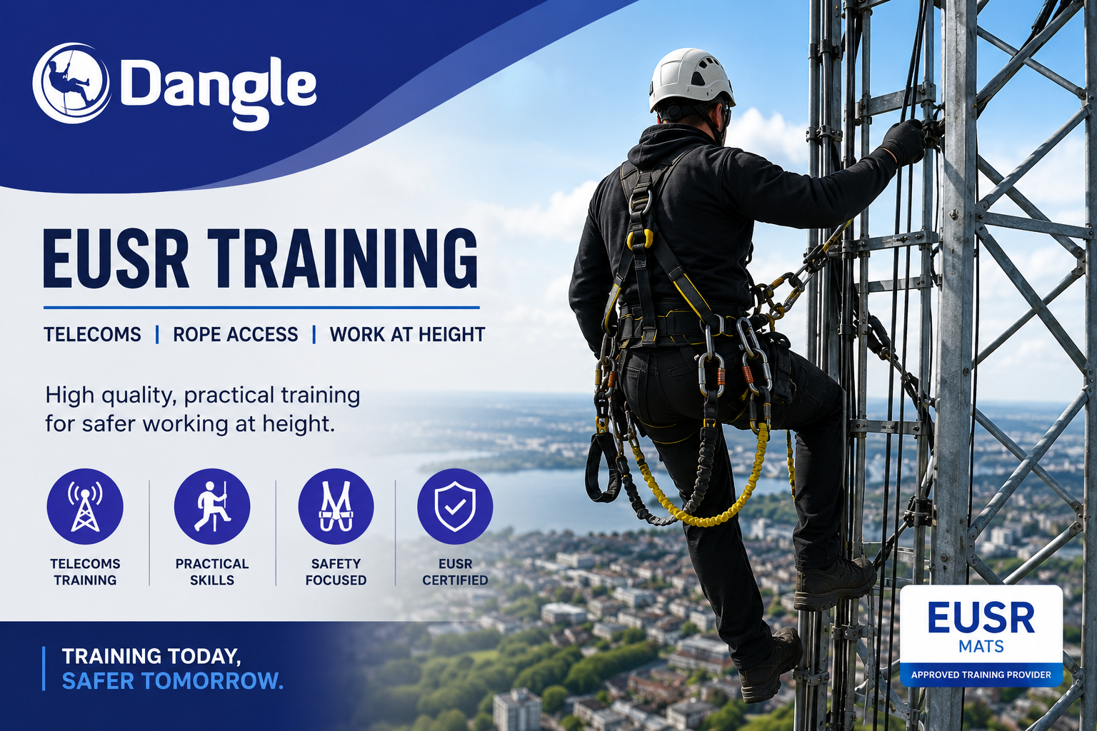 Telecoms tower climber completing EUSR telecoms training at height with Dangle Academy in Belfast
