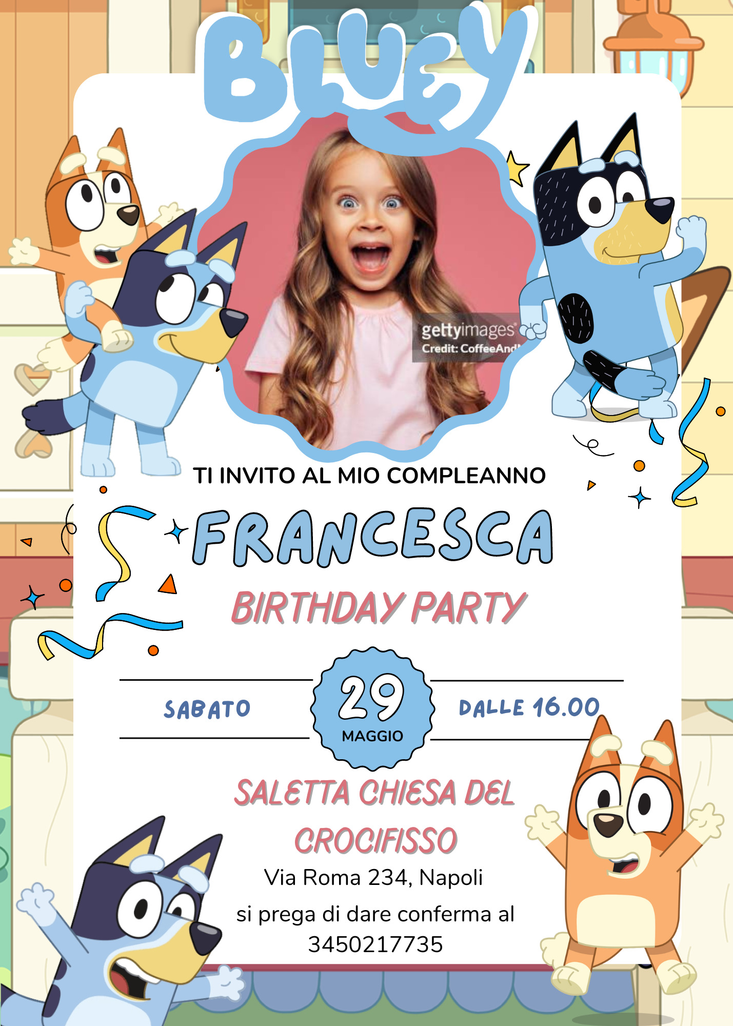 biglietti inviti personalizzabili di carta cartacei e digitali da inviare online via whatsapp Bluey