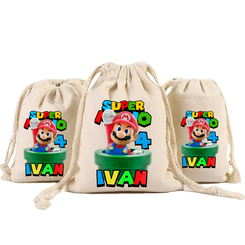 sacchetti in cotone porta confetti bomboniera personalizzati festa compleanno a tema super mario bros
