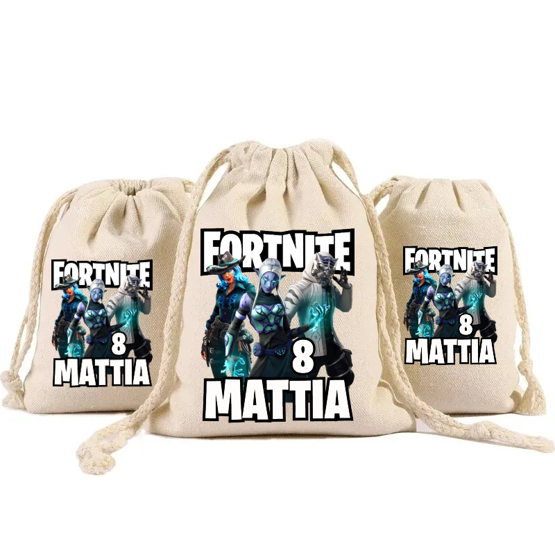 sacchetti in cotone porta confetti bomboniera personalizzati festa compleanno a tema fortnite